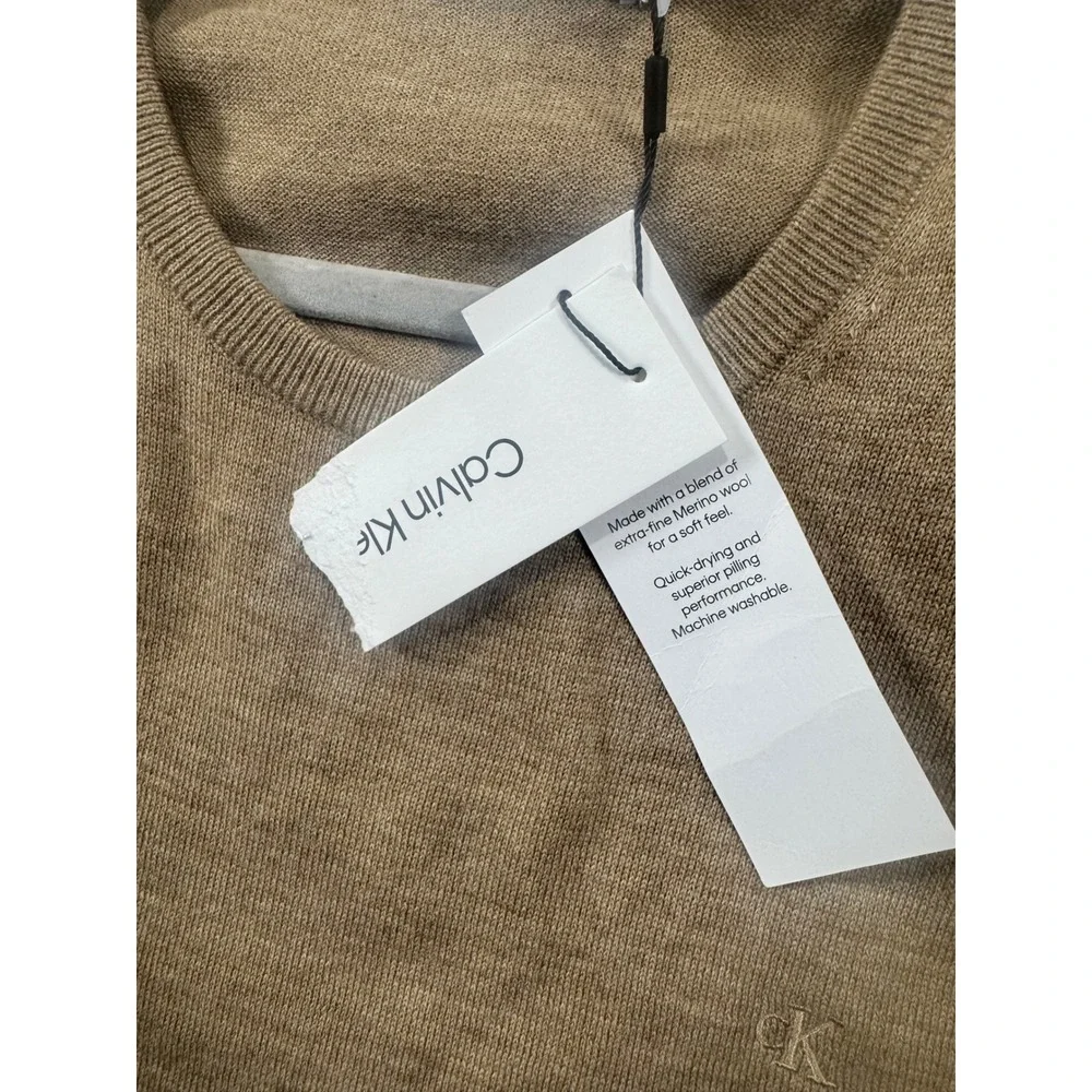 Calvin Klein Mens Merino Wool Blend Crewneck Sweater Camel Tan L S104-0001 NWT